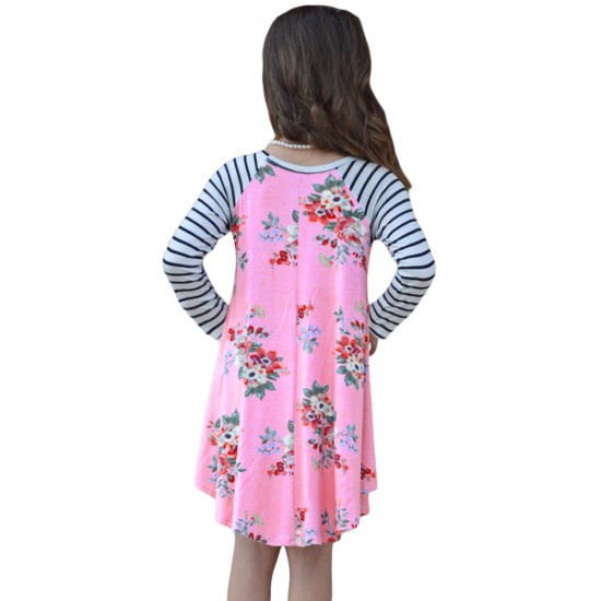 Pink Spring Fling Floral Striped Sleeve Short Dress for Kids