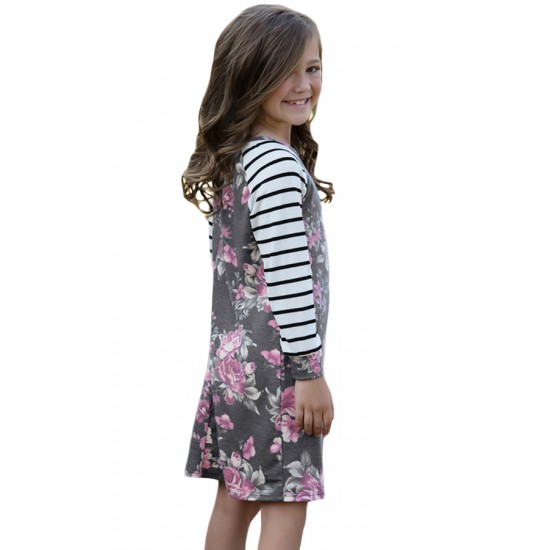 Gray Spring Fling Floral Striped Sleeve Short Dress for Kids