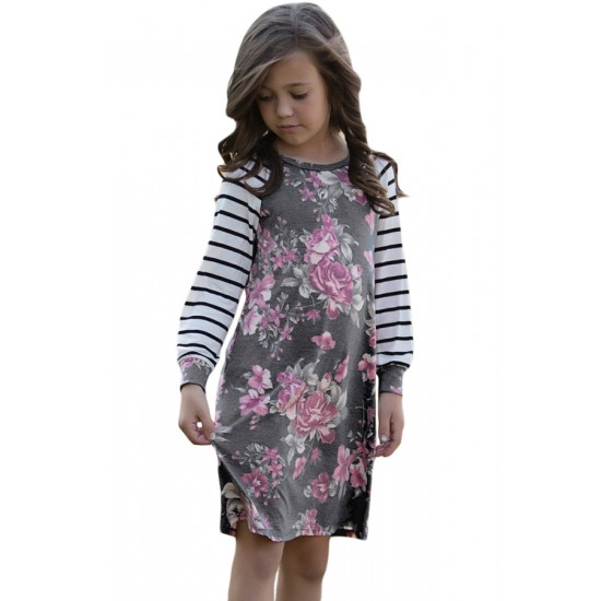 Gray Spring Fling Floral Striped Sleeve Short Dress for Kids