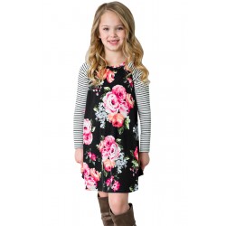 Black Spring Fling Floral Striped Sleeve Short Dress for Kids