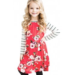 Red Spring Fling Floral Striped Sleeve Short Dress for Kids