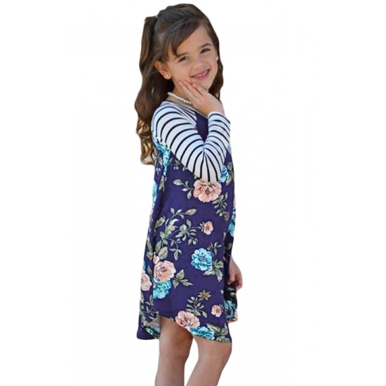 Blue Spring Fling Floral Striped Sleeve Short Dress for Kids