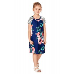 Blue Stripes Short Sleeve Floral Little Girl Dress