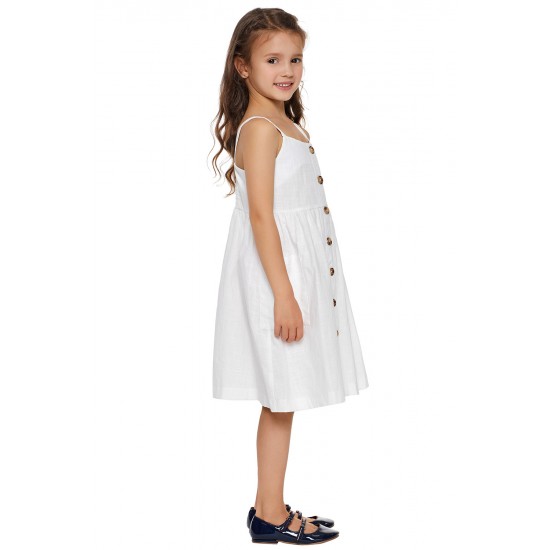 White Little Girls Spaghetti Strap Button Dress with Pockets