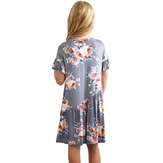 Gray Girls Floral Print Dress