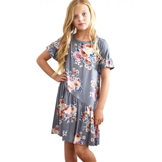 Gray Girls Floral Print Dress