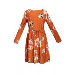 Floral Orange Swing Dress with Hidden Pockets