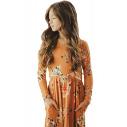 Floral Orange Swing Dress with Hidden Pockets