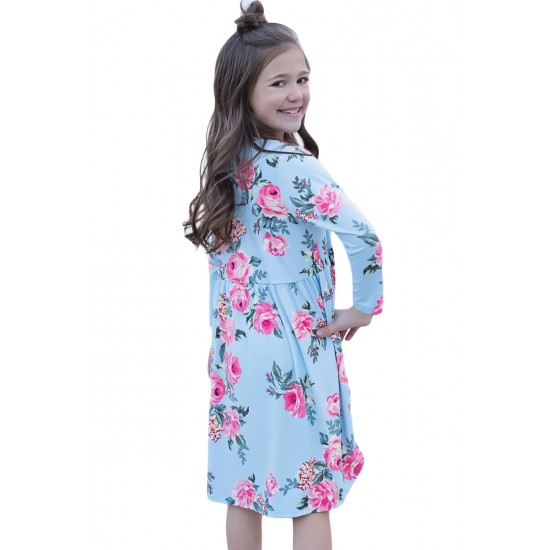 Floral Light Blue Swing Dress with Hidden Pockets