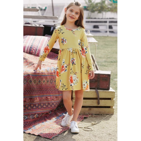 Floral Mustard Swing Dress with Hidden Pockets