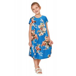 Blue Short Sleeve Floral Print Toddler Dress