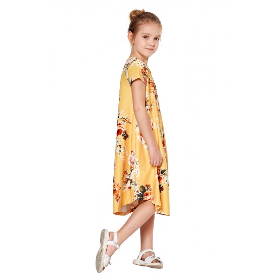 Yellow Short Sleeve Floral Print Toddler Dress