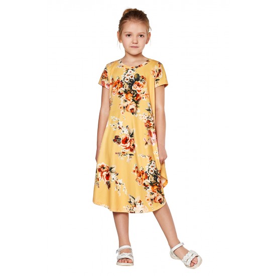 Yellow Short Sleeve Floral Print Toddler Dress