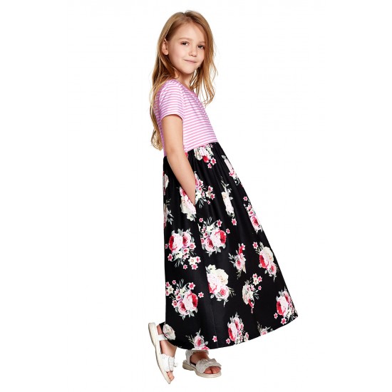 Black Striped Floral Print Little Girls Maxi Dress