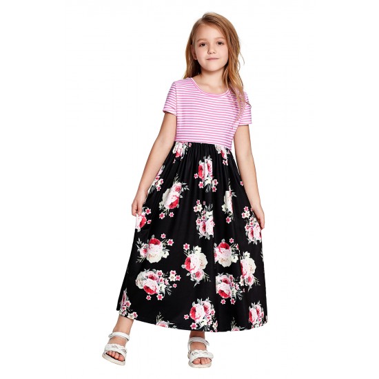 Black Striped Floral Print Little Girls Maxi Dress