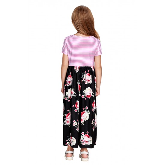 Black Striped Floral Print Little Girls Maxi Dress