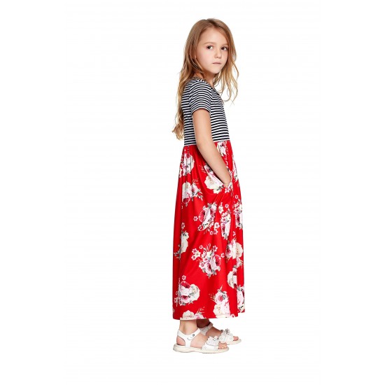 Red Striped Floral Print Little Girls Maxi Dress