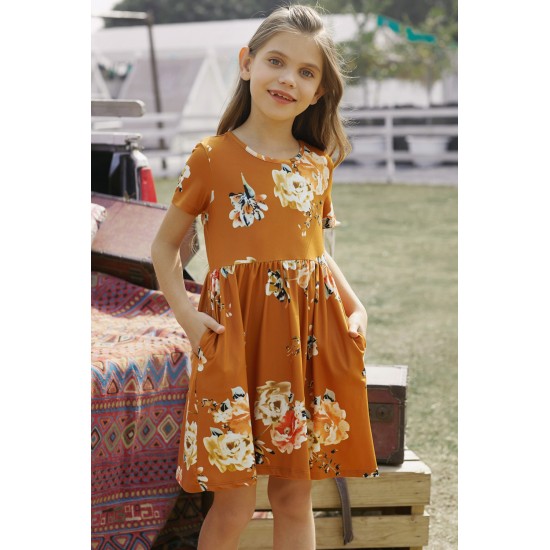 Orange Short Sleeve Pocketed Children's Floral Dress