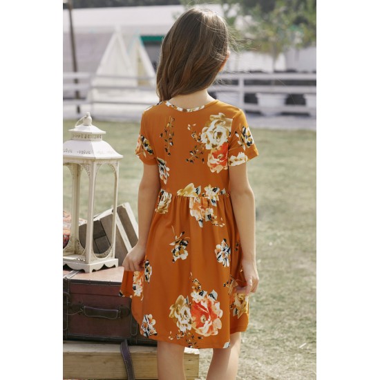 Orange Short Sleeve Pocketed Children's Floral Dress