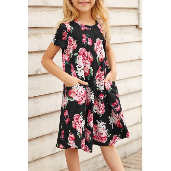 Black Floral Girls T-shirt Midi Dress