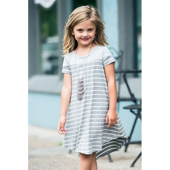 Gray Colorblock Patchwork Striped Girls’ Dress