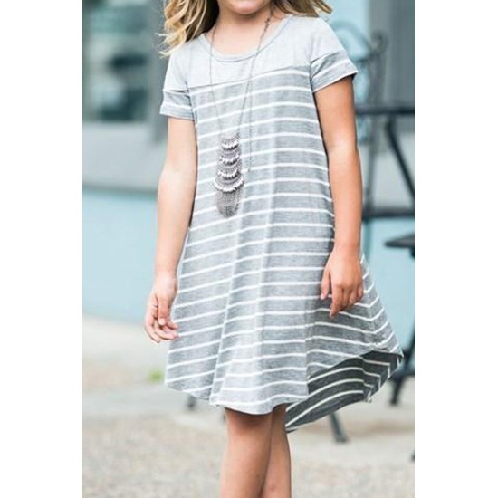 Gray Colorblock Patchwork Striped Girls’ Dress