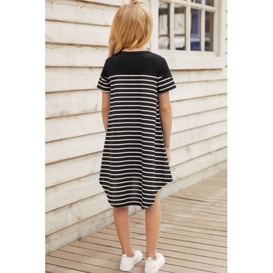 Black Colorblock Patchwork Striped Girls’ Dress