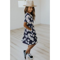 Blue Crewneck Short Sleeve Pockets Floral Girl's Midi Dress