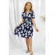 Blue Crewneck Short Sleeve Pockets Floral Girl's Midi Dress