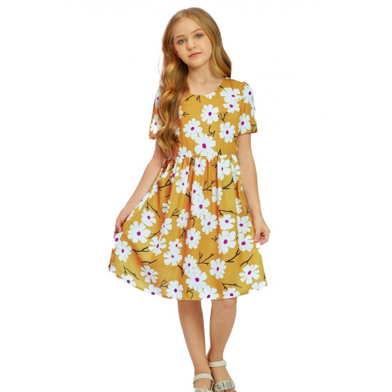 Yellow Crewneck Short Sleeve Pockets Floral Girl's Midi Dress