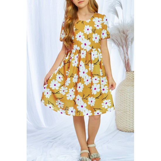 Yellow Crewneck Short Sleeve Pockets Floral Girl's Midi Dress