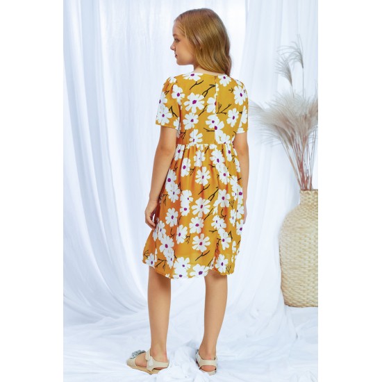 Yellow Crewneck Short Sleeve Pockets Floral Girl's Midi Dress