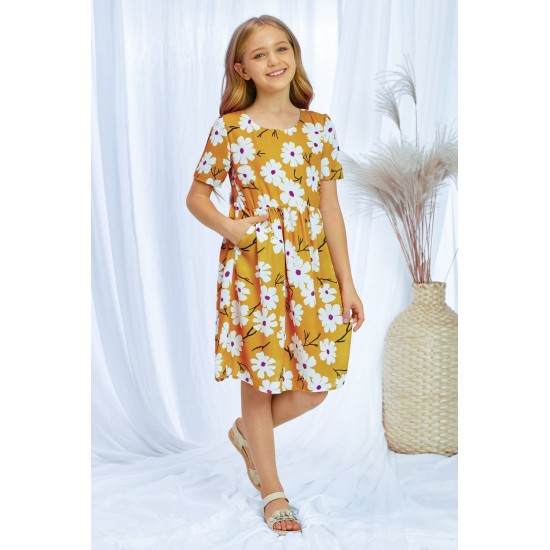 Yellow Crewneck Short Sleeve Pockets Floral Girl's Midi Dress