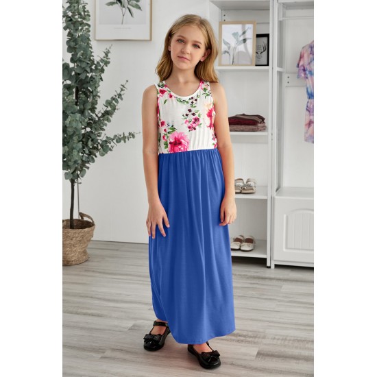 Blue Crewneck Sleeveless Floral Patchwork Kids Maxi Dress