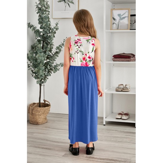 Blue Crewneck Sleeveless Floral Patchwork Kids Maxi Dress