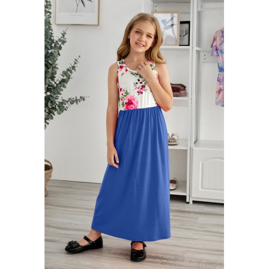 Blue Crewneck Sleeveless Floral Patchwork Kids Maxi Dress