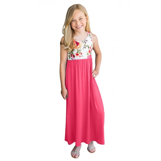 Rose Crewneck Sleeveless Floral Patchwork Kids Maxi Dress