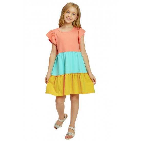 Yellow Ruffled Sleeve Colorblock Kid Dress