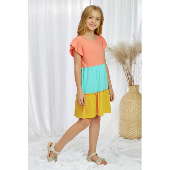 Yellow Ruffled Sleeve Colorblock Kid Dress