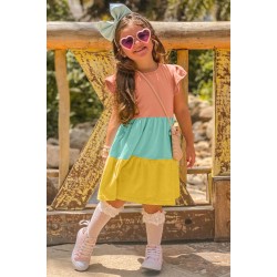 Yellow Ruffled Sleeve Colorblock Kid Dress