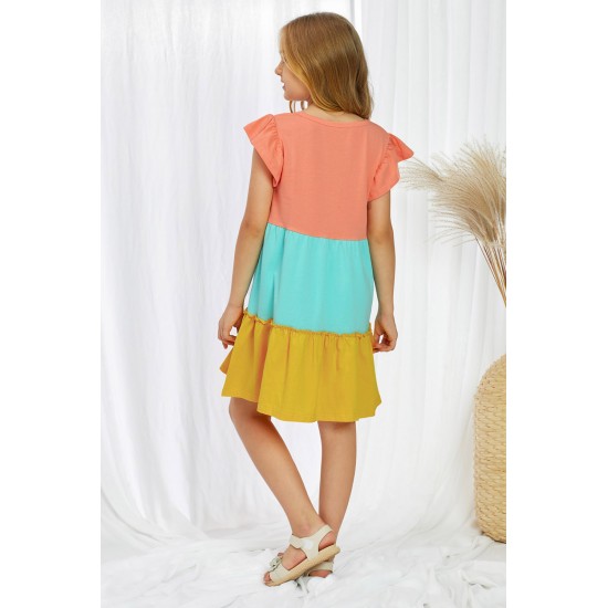 Yellow Ruffled Sleeve Colorblock Kid Dress