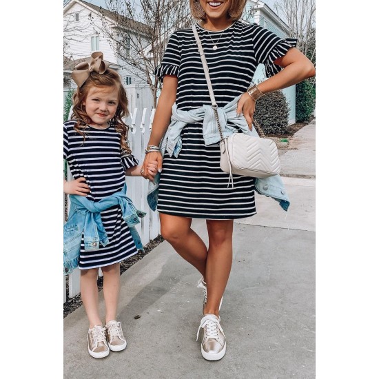 Family Matching Girls' Striped T-shirt Mini Dress with Ruffled Sleeves