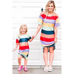 Daughter and Mom Matching Striped Side Split Girl's T-shirt Dress