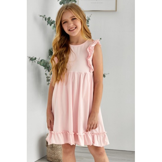 Pink Ruffled Empire Waist Pleated Flowy Kid Dress