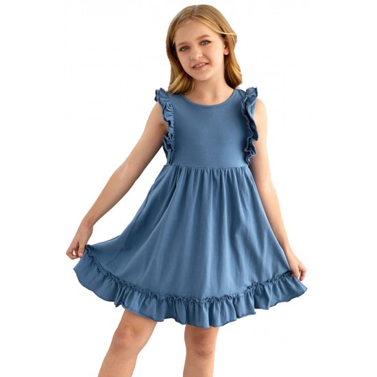 Blue Ruffled Empire Waist Pleated Flowy Kid Dress