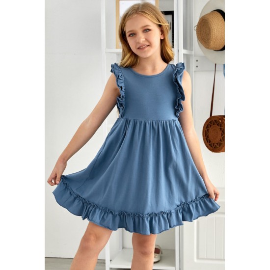 Blue Ruffled Empire Waist Pleated Flowy Kid Dress