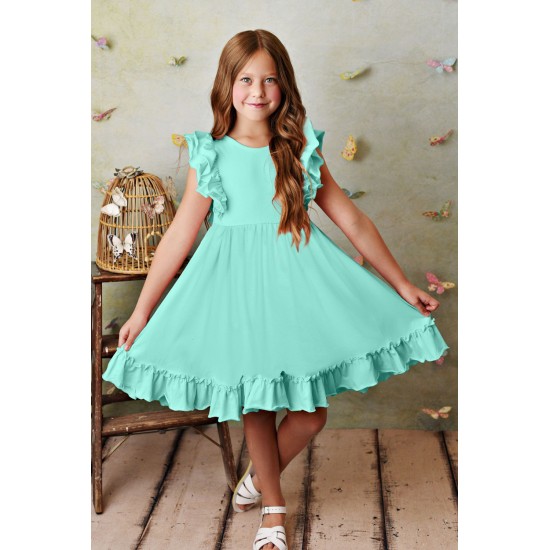 Mint Ruffled Empire Waist Pleated Flowy Kid Dress