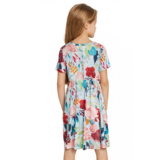 Sky Blue Crewneck Short Sleeve Floral Girl's Midi Dress