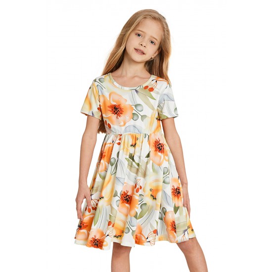 Yellow Crewneck Short Sleeve Floral Girl's Midi Dress