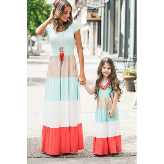 Family Matching Short Sleeve Color Block Kids' Maxi Dress